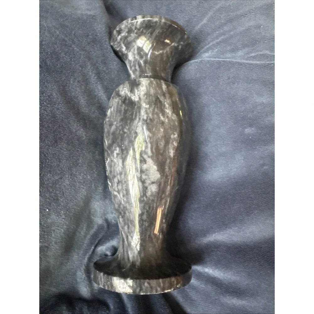Black Marble Vase Asian Etched Bamboo VTG 1970s‎ 8 Inches Tall Chinese Folklore